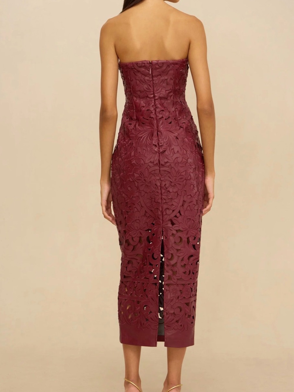 cult gaia Strapless Laser-Cut Midi Dress in Burgundy